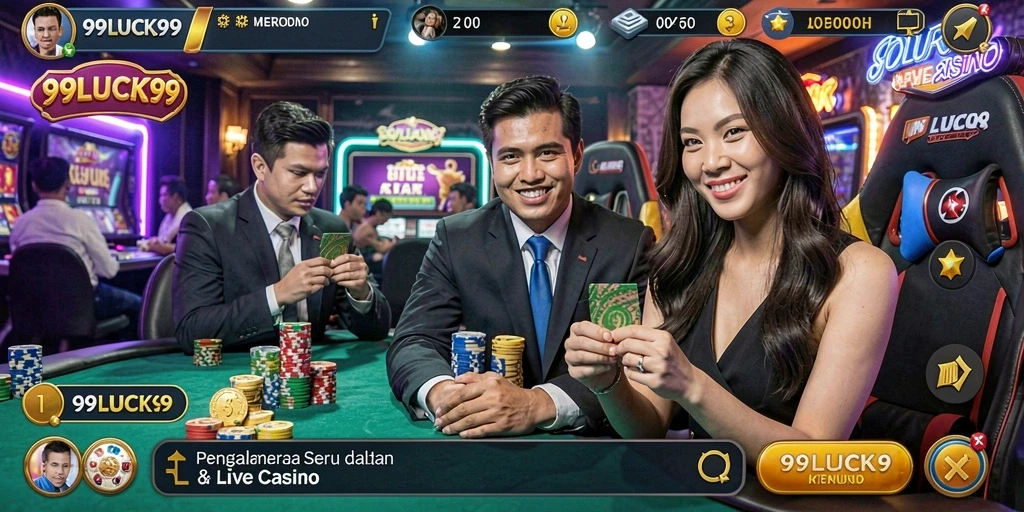 Screenshot gameplay 99LUCK99 yang menampilkan dealer langsung di meja permainan.