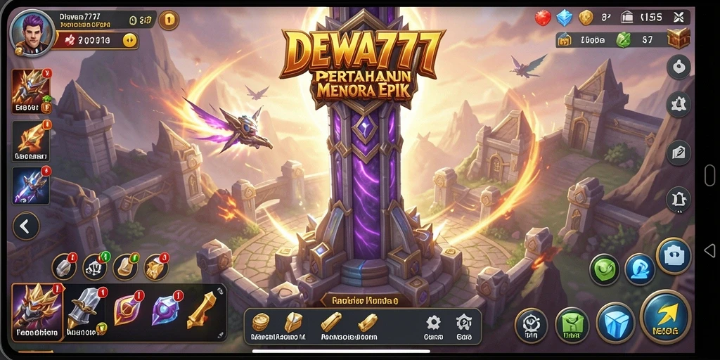 Screenshot gameplay DEWA777 dengan menara dan musuh yang berinteraksi.