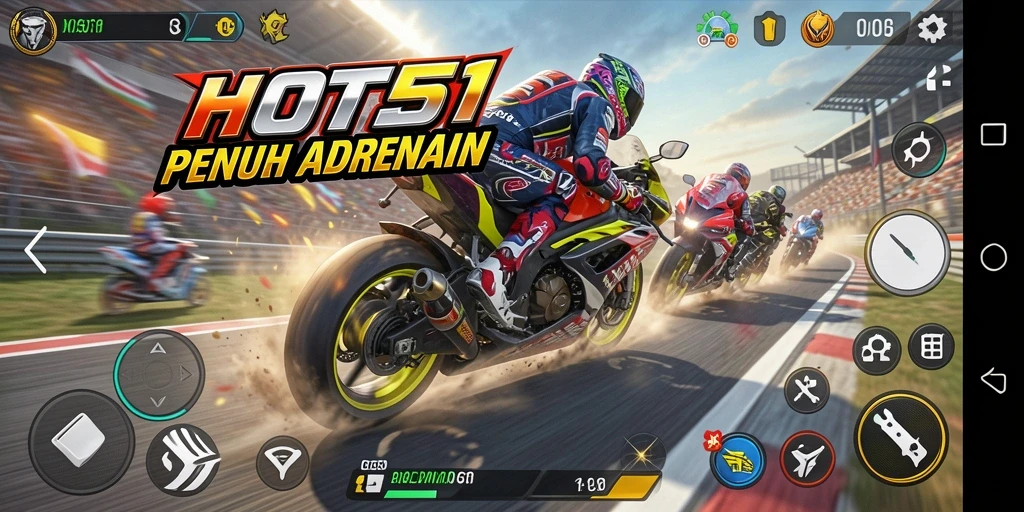Screenshot HOT51 menampilkan balapan motor yang menegangkan dan penuh aksi.