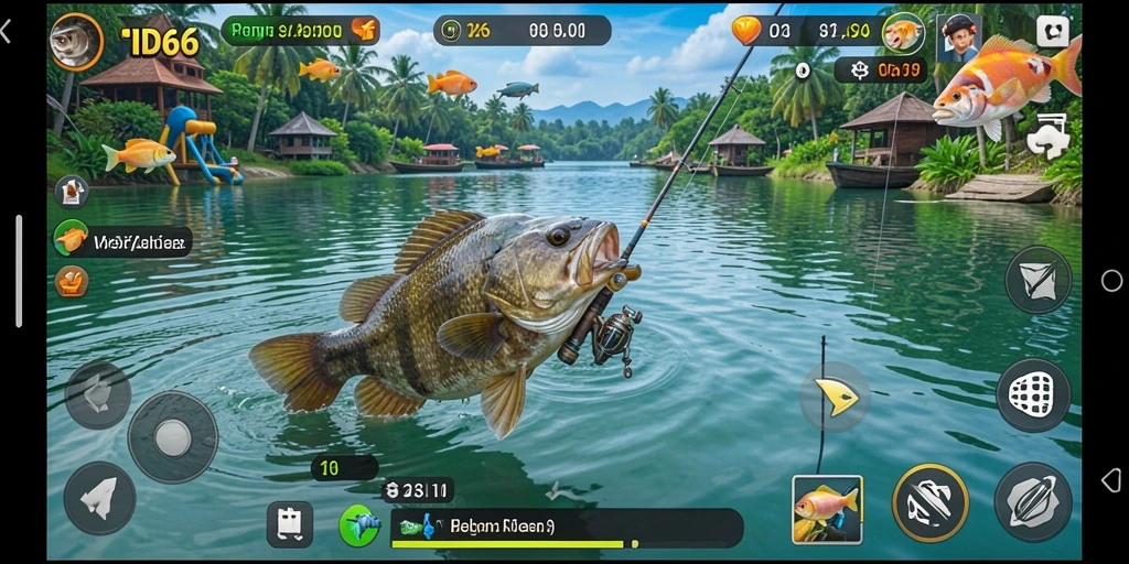 Screenshot permainan ID66 menampilkan momen menangkap ikan di lingkungan yang indah.