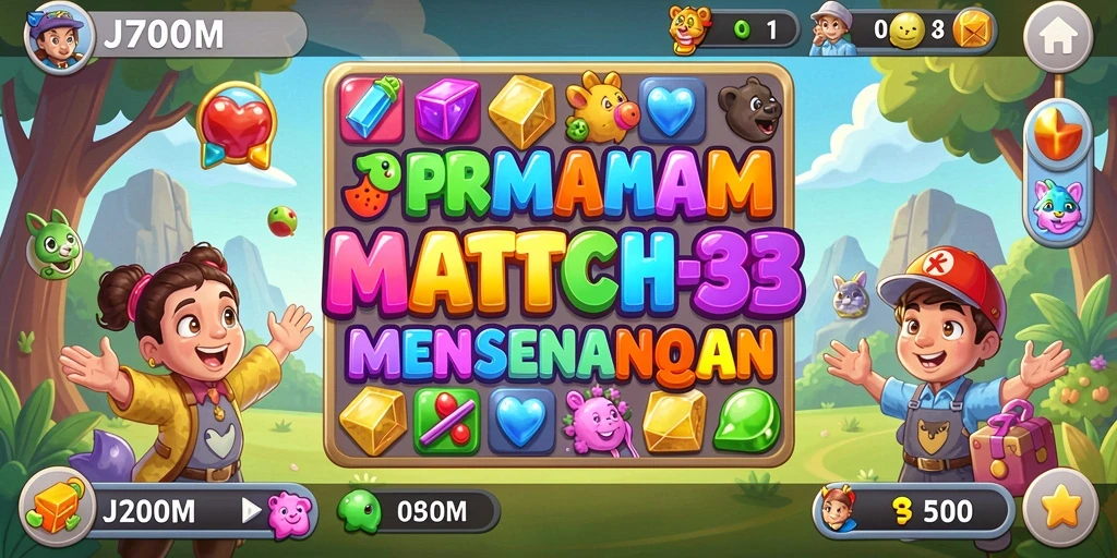 Tampilan gameplay J200M dengan aksi mencocokkan item match-3 yang seru.