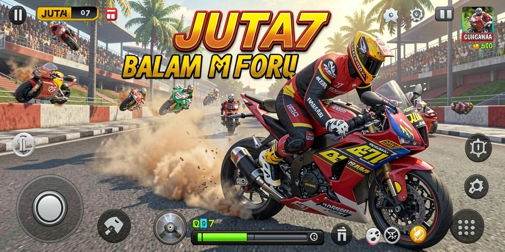 Gameplay JUTA7 menunjukkan balapan motor yang seru di trek yang menantang.