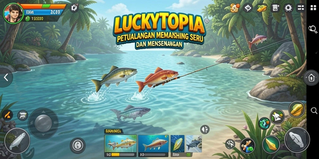 Tampilan gameplay LUCKYTOPIA dengan memancing di lokasi indah.