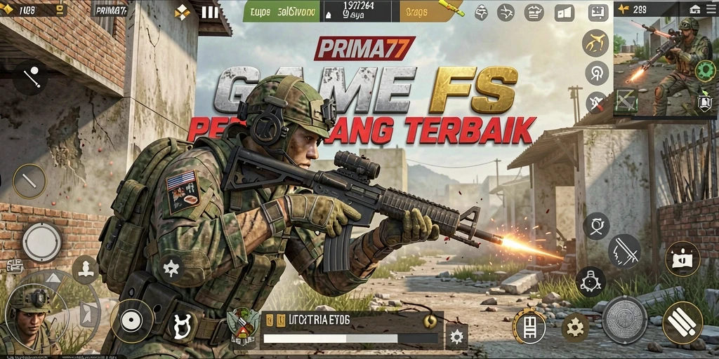Tangkapan layar utama PRIMA77 menunjukkan aksi menembak yang intens.
