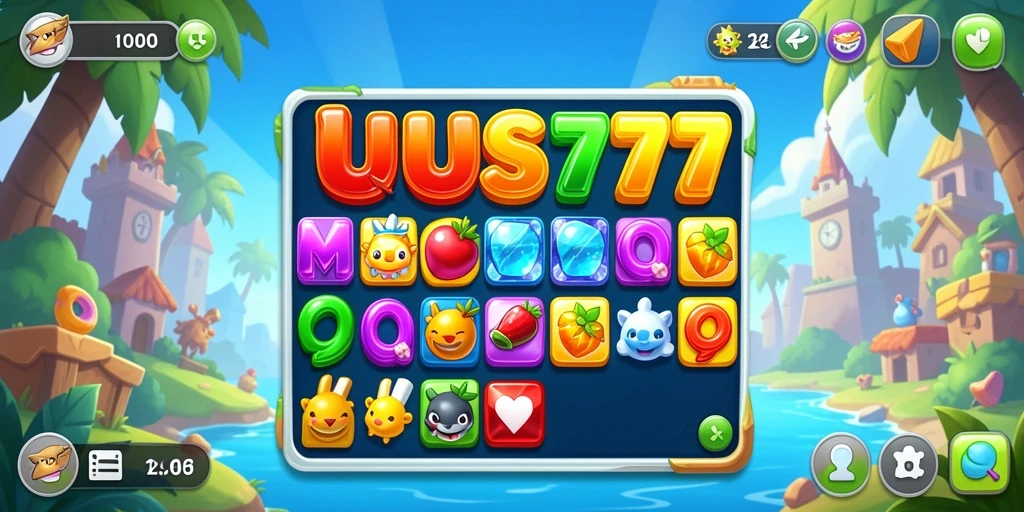 Gambar menampilkan gameplay UUS777 dengan elemen match-3 yang ceria.